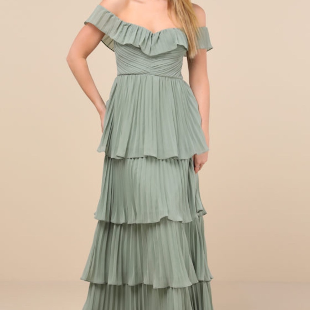 Lulus Always Remarkable Sage Brush Pleated Off-the-shoulder Maxi Dress Green